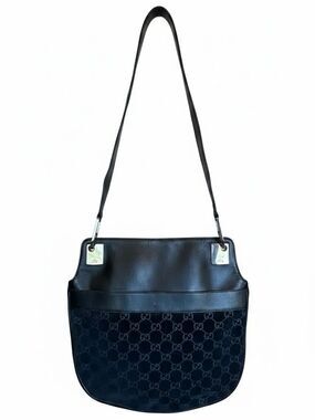 Gucci Black GG Monogram Suede & Black Leather Shoulder Bag Auth